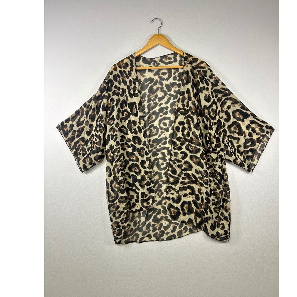 Leopard Print Kimono Wrap Womens‎ XL Brown Sheer High-Low Open Front